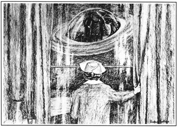 Drawing of Miss Kendall viewing UFO and its occupants.