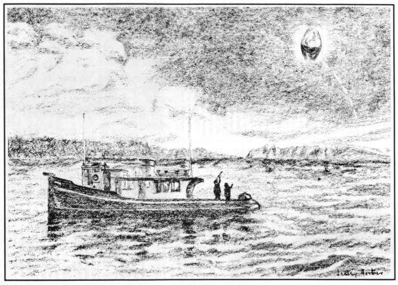 Drawing of Jim and Dianna Drummond viewing a
                      UFO over Mill Bay.