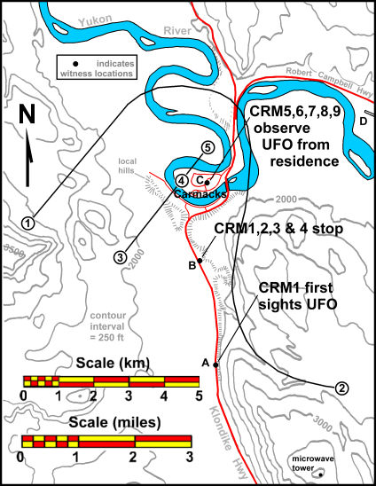 Map of Carmacks, Yukon and location of UFO witnesses CRM2,3,4,5,6,7,8 and 9